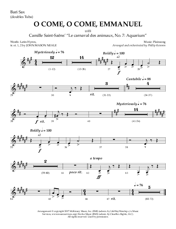 O Come O Come Emmanuel with Le Carnaval Des Animaux No. 7 (Choral Anthem SATB) Bari Sax (Arr. Phillip Keveren / Lifeway Choral)