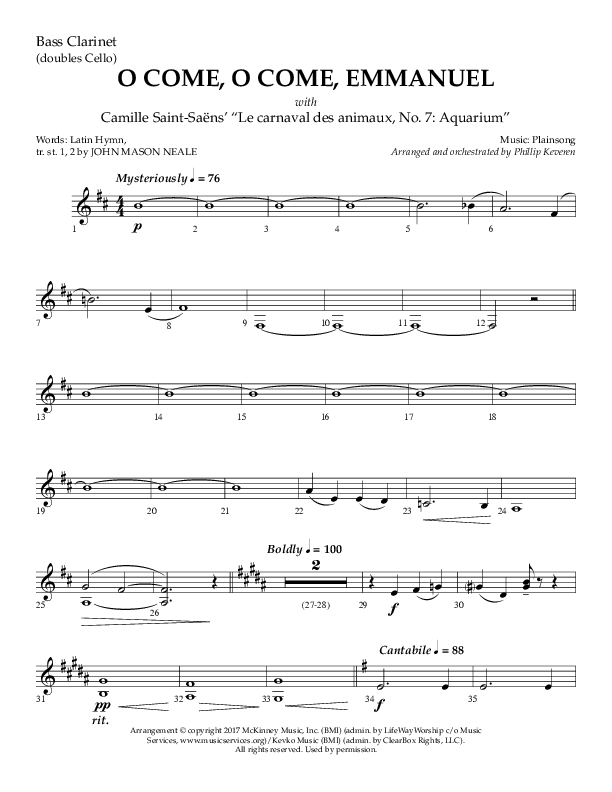 O Come O Come Emmanuel with Le Carnaval Des Animaux No. 7 (Choral Anthem SATB) Bass Clarinet (Arr. Phillip Keveren / Lifeway Choral)
