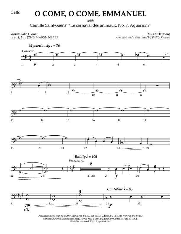 O Come O Come Emmanuel with Le Carnaval Des Animaux No. 7 (Choral Anthem SATB) Cello (Arr. Phillip Keveren / Lifeway Choral)