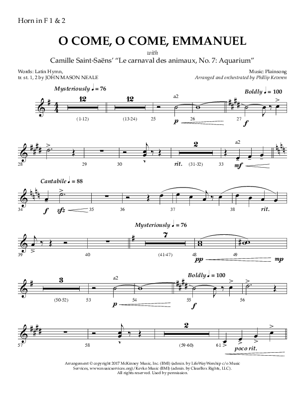 O Come O Come Emmanuel with Le Carnaval Des Animaux No. 7 (Choral Anthem SATB) French Horn 1/2 (Arr. Phillip Keveren / Lifeway Choral)
