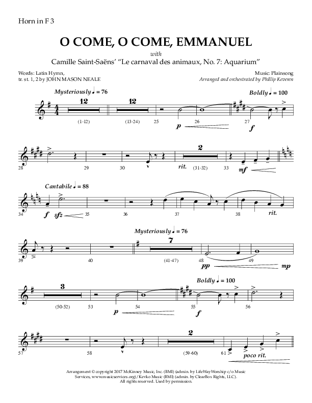 O Come O Come Emmanuel with Le Carnaval Des Animaux No. 7 (Choral Anthem SATB) French Horn 3 (Arr. Phillip Keveren / Lifeway Choral)