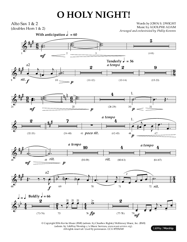 O Holy Night (Choral Anthem SATB) Alto Sax 1/2 (Arr. Phillip Keveren / Lifeway Choral)