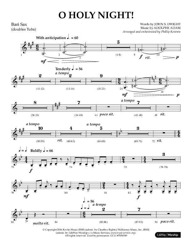 O Holy Night (Choral Anthem SATB) Bari Sax (Arr. Phillip Keveren / Lifeway Choral)