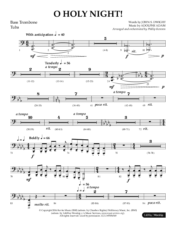 O Holy Night (Choral Anthem SATB) Bass Trombone, Tuba (Arr. Phillip Keveren / Lifeway Choral)