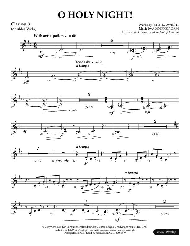 O Holy Night (Choral Anthem SATB) Clarinet 3 (Arr. Phillip Keveren / Lifeway Choral)