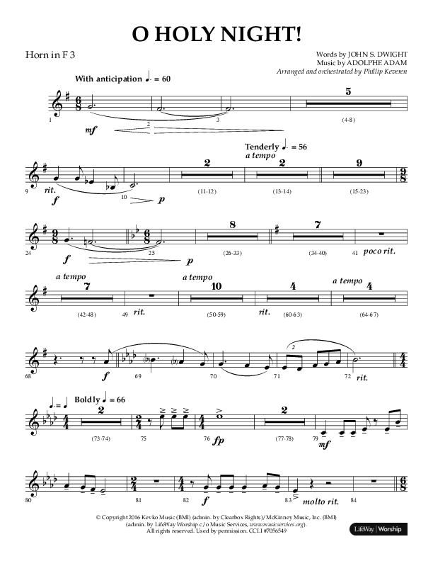 O Holy Night (Choral Anthem SATB) French Horn 3 (Arr. Phillip Keveren / Lifeway Choral)
