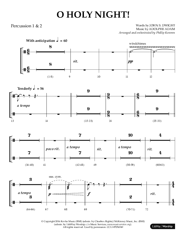 O Holy Night (Choral Anthem SATB) Percussion 1/2 (Arr. Phillip Keveren / Lifeway Choral)