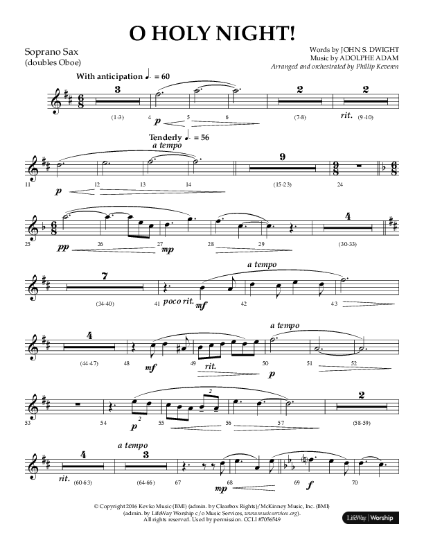 O Holy Night (Choral Anthem SATB) Soprano Sax (Arr. Phillip Keveren / Lifeway Choral)
