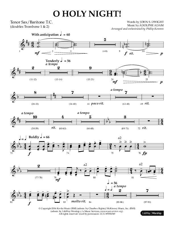O Holy Night (Choral Anthem SATB) Tenor Sax/Baritone T.C. (Arr. Phillip Keveren / Lifeway Choral)