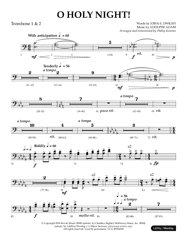 O Holy Night (Choral Anthem SATB) Trombone 1/2 (Arr. Phillip Keveren / Lifeway Choral)