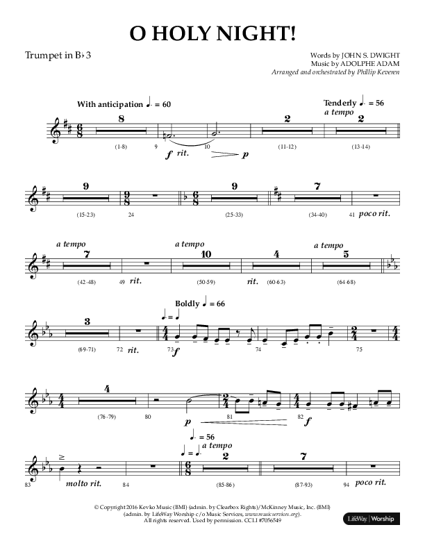 O Holy Night (Choral Anthem SATB) Trumpet 3 (Arr. Phillip Keveren / Lifeway Choral)