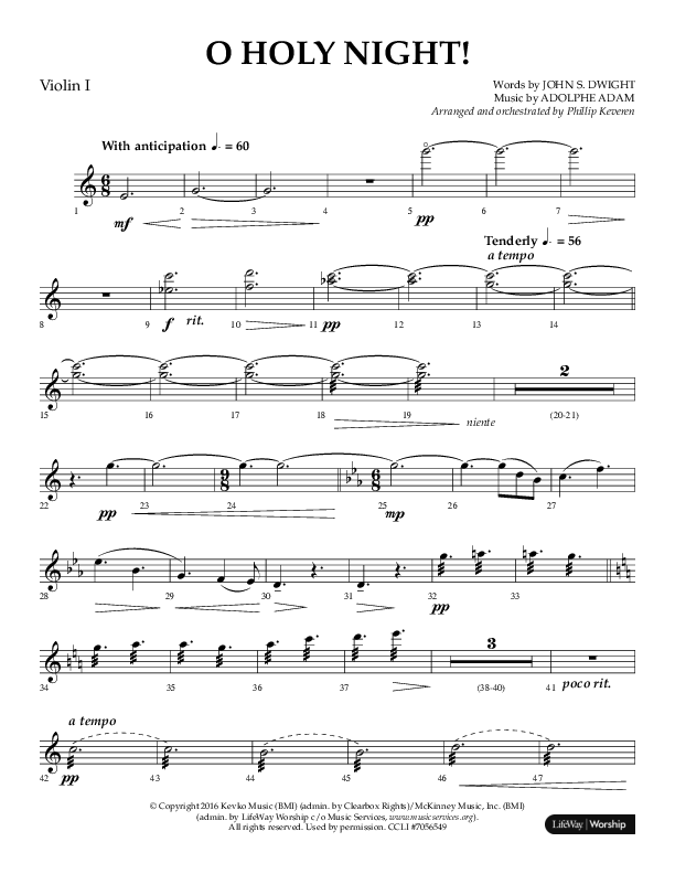 O Holy Night (Choral Anthem SATB) Violin 1 (Arr. Phillip Keveren / Lifeway Choral)
