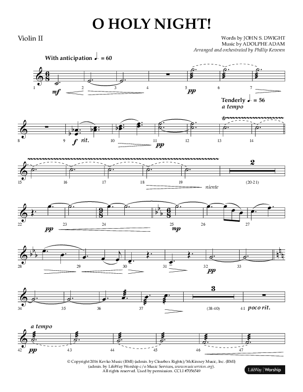 O Holy Night (Choral Anthem SATB) Violin 2 (Arr. Phillip Keveren / Lifeway Choral)