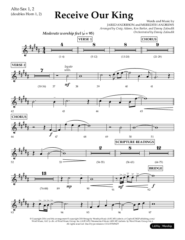 Receive Our King (Choral Anthem SATB) Alto Sax 1/2 (Lifeway Choral / Arr. Craig Adams / Arr. Ken Barker / Arr. Danny Zaloudik)