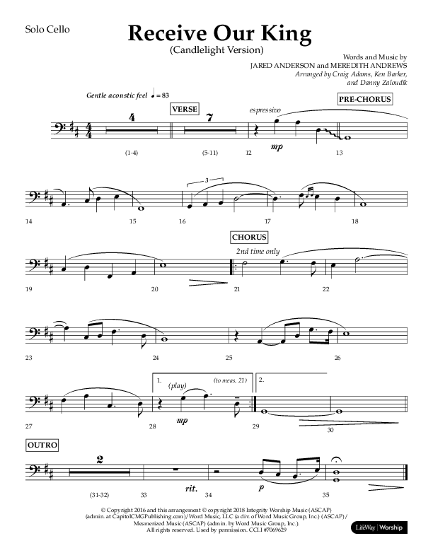Receive Our King (Choral Anthem SATB) Cello Solo (Lifeway Choral / Arr. Craig Adams / Arr. Ken Barker / Arr. Danny Zaloudik)