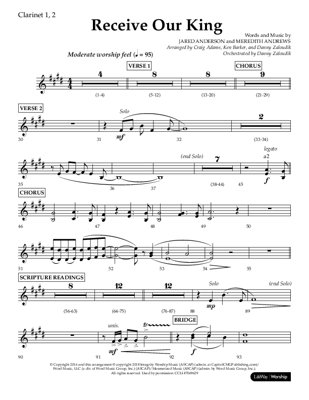 Receive Our King (Choral Anthem SATB) Clarinet 1/2 (Lifeway Choral / Arr. Craig Adams / Arr. Ken Barker / Arr. Danny Zaloudik)