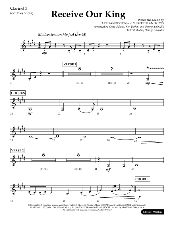 Receive Our King (Choral Anthem SATB) Clarinet 3 (Lifeway Choral / Arr. Craig Adams / Arr. Ken Barker / Arr. Danny Zaloudik)