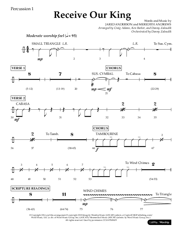 Receive Our King (Choral Anthem SATB) Percussion 1/2 (Lifeway Choral / Arr. Craig Adams / Arr. Ken Barker / Arr. Danny Zaloudik)