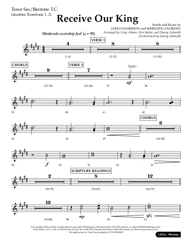 Receive Our King (Choral Anthem SATB) Tenor Sax/Baritone T.C. (Lifeway Choral / Arr. Craig Adams / Arr. Ken Barker / Arr. Danny Zaloudik)