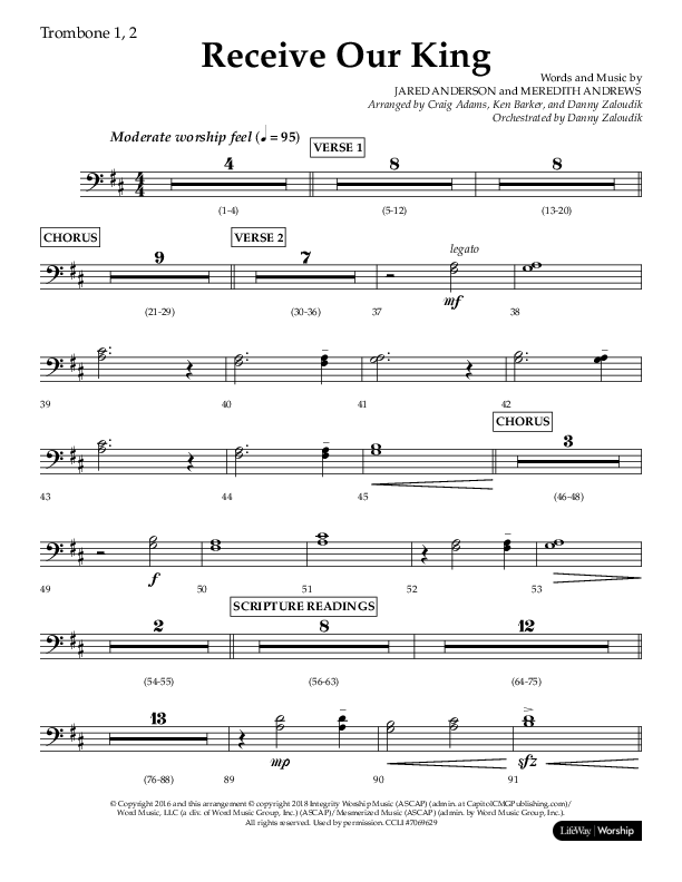 Receive Our King (Choral Anthem SATB) Trombone 1/2 (Lifeway Choral / Arr. Craig Adams / Arr. Ken Barker / Arr. Danny Zaloudik)