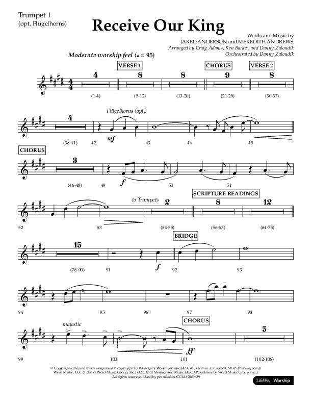 Receive Our King (Choral Anthem SATB) Trumpet 1 (Lifeway Choral / Arr. Craig Adams / Arr. Ken Barker / Arr. Danny Zaloudik)