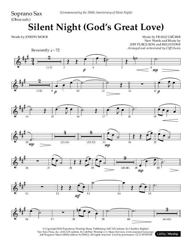 Silent Night (God’s Great Love) (Choral Anthem SATB) Soprano Sax (Arr. Cliff Duren / Lifeway Choral)