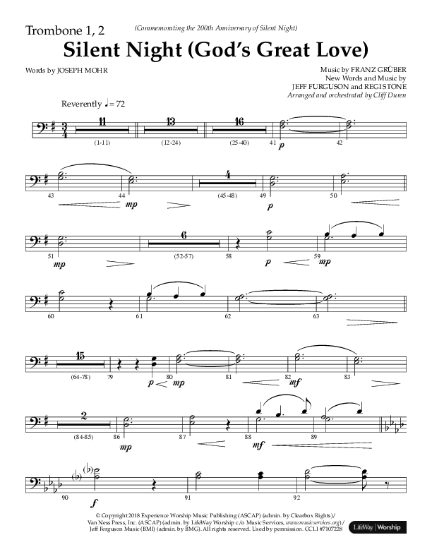 Silent Night (God’s Great Love) (Choral Anthem SATB) Trombone 1/2 (Arr. Cliff Duren / Lifeway Choral)