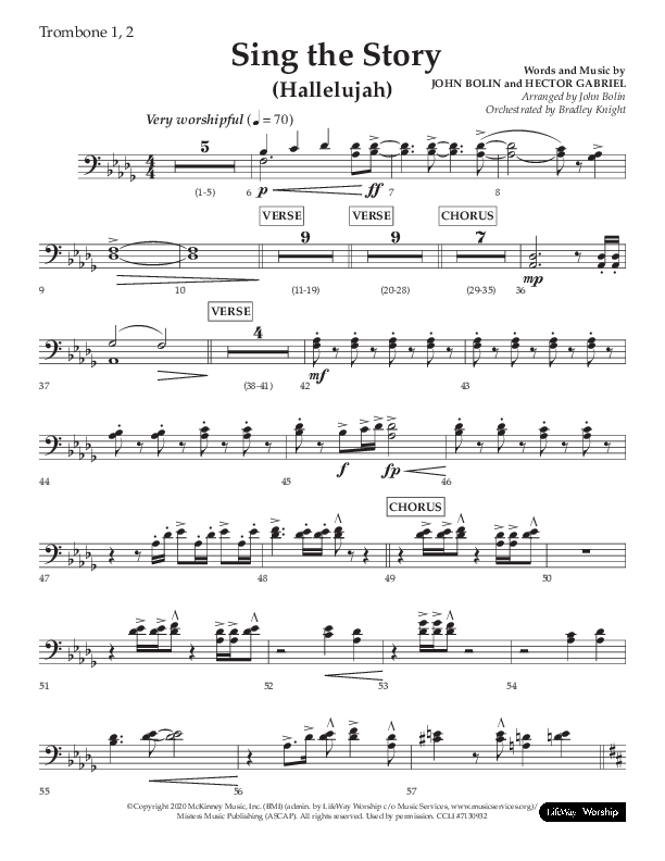 Sing The Story (Hallelujah) (Choral Anthem SATB) Trombone 1/2 (Arr. John Bolin / Lifeway Choral)