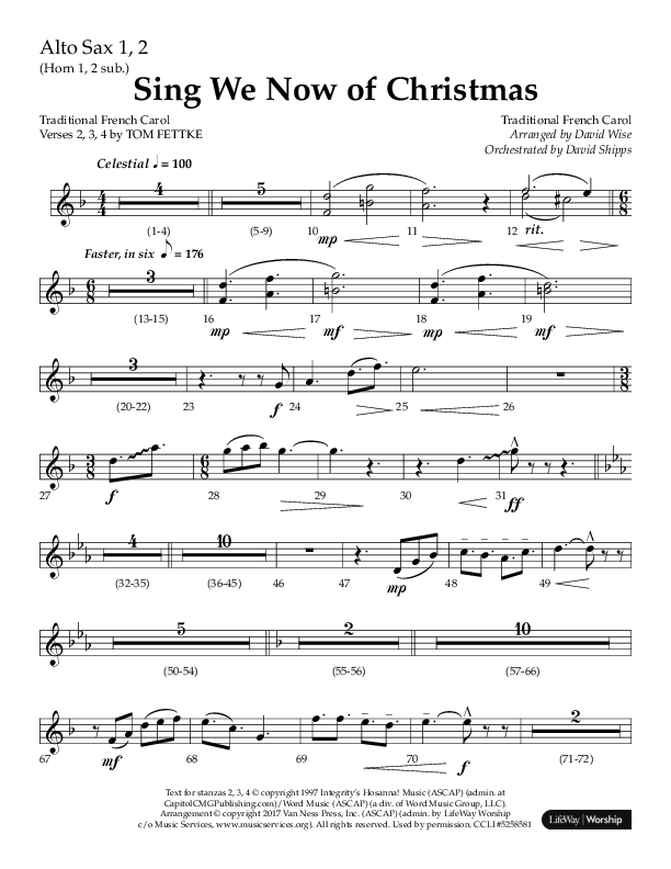 Sing We Now Of Christmas (Choral Anthem SATB) Alto Sax 1/2 (Lifeway Choral / Arr. David Wise)
