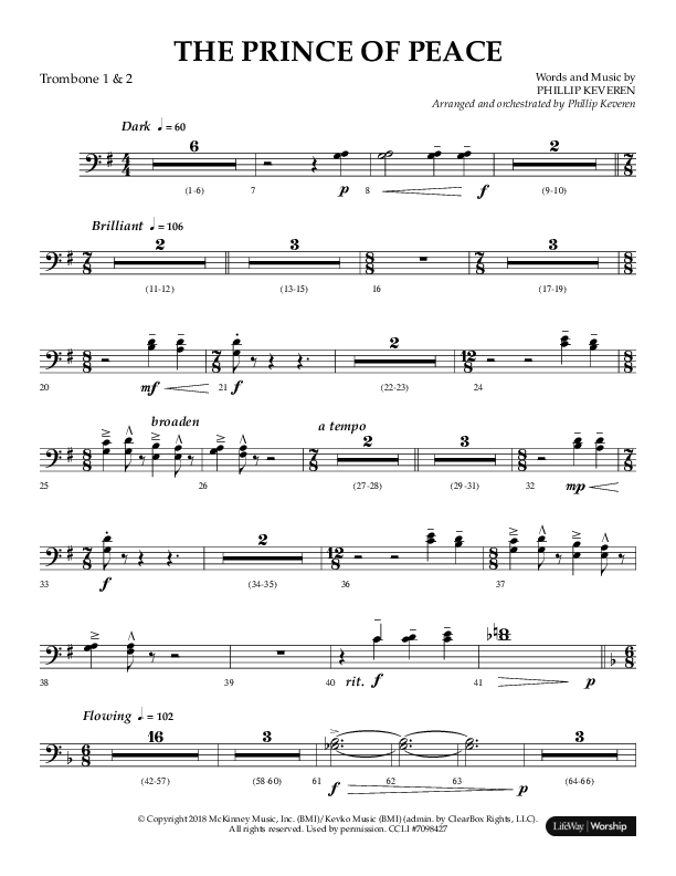 The Prince Of Peace (Choral Anthem SATB) Trombone 1/2 (Arr. Phillip Keveren / Lifeway Choral)