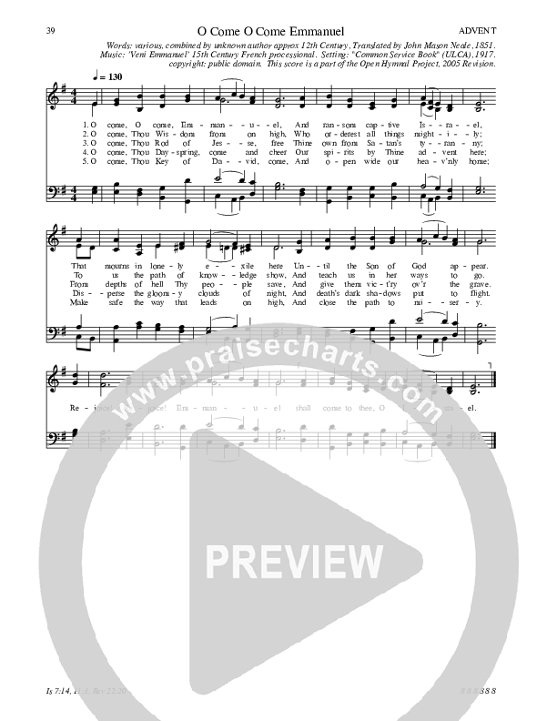 O Come O Come Emmanuel Hymn Sheet (SATB) (Traditional Hymn)