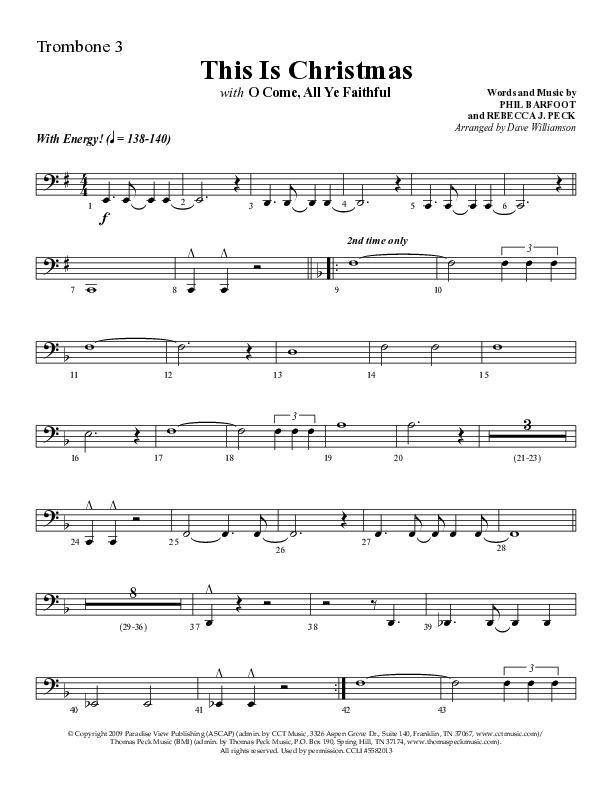 This Is Christmas with O Come All Ye Faithful (Choral Anthem SATB) Trombone 3 (Lifeway Choral / Arr. Dave Williamson)