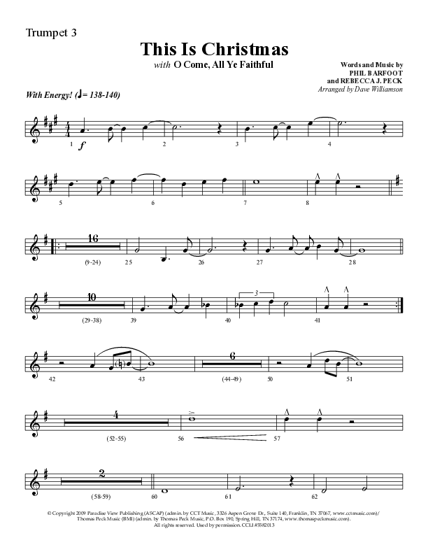 This Is Christmas with O Come All Ye Faithful (Choral Anthem SATB) Trumpet 3 (Lifeway Choral / Arr. Dave Williamson)