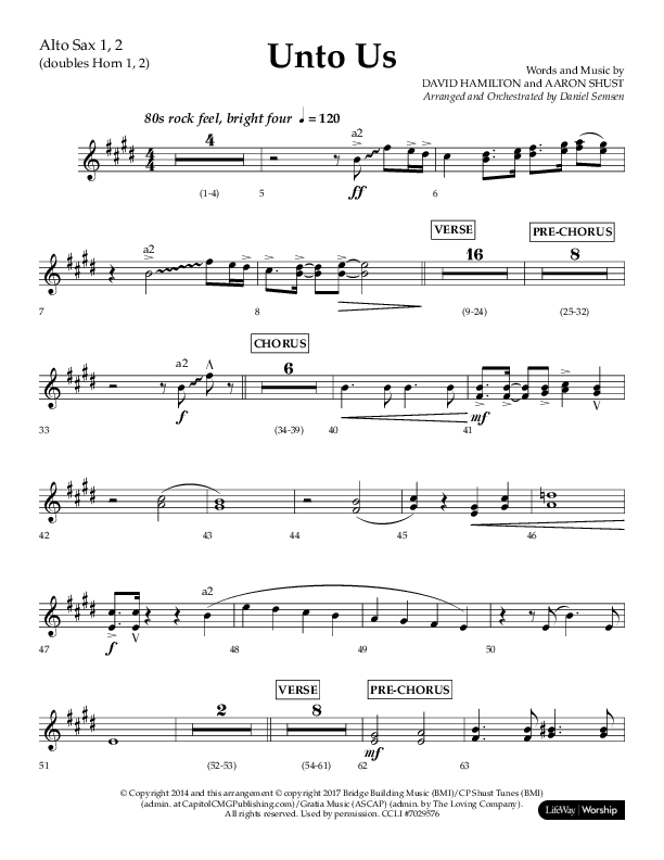 Unto Us (Choral Anthem SATB) Alto Sax 1/2 (Lifeway Choral / Arr. Daniel Semsen)