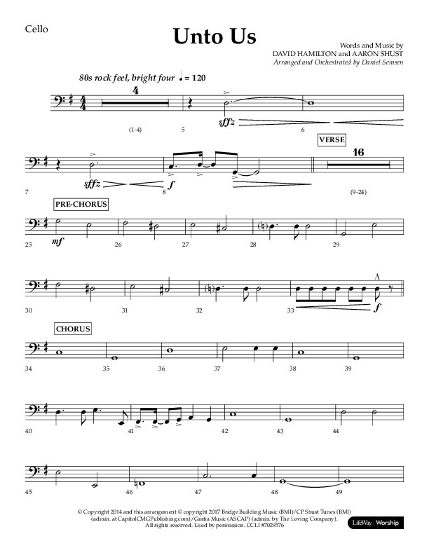 Unto Us (Choral Anthem SATB) Cello (Lifeway Choral / Arr. Daniel Semsen)