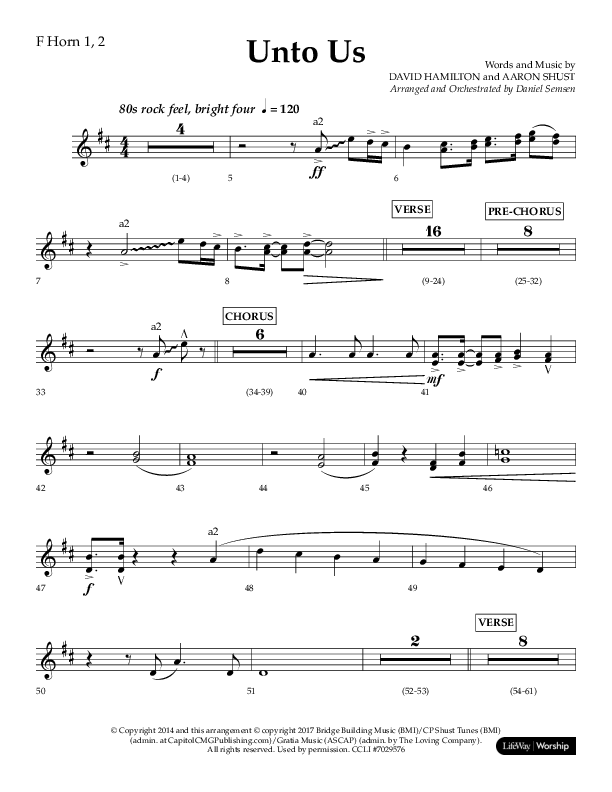 Unto Us (Choral Anthem SATB) French Horn 1/2 (Lifeway Choral / Arr. Daniel Semsen)