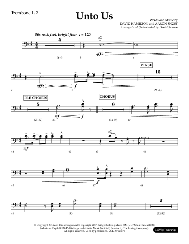 Unto Us (Choral Anthem SATB) Trombone 1/2 (Lifeway Choral / Arr. Daniel Semsen)