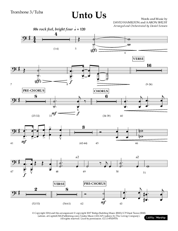 Unto Us (Choral Anthem SATB) Trombone 3/Tuba (Lifeway Choral / Arr. Daniel Semsen)