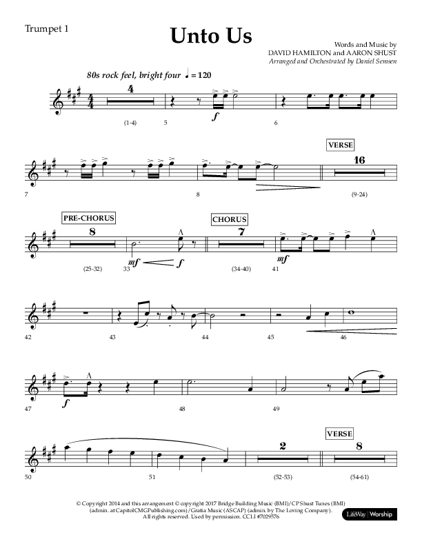 Unto Us (Choral Anthem SATB) Trumpet 1 (Lifeway Choral / Arr. Daniel Semsen)