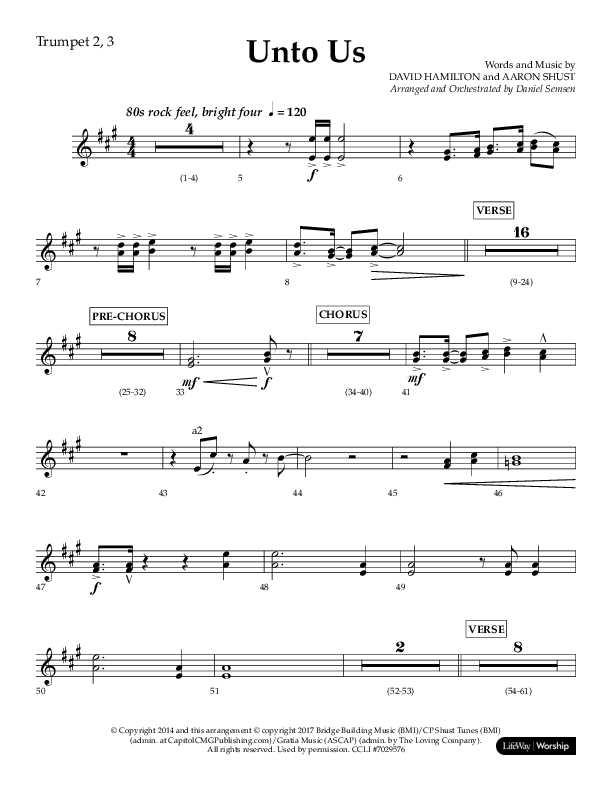 Unto Us (Choral Anthem SATB) Trumpet 2/3 (Lifeway Choral / Arr. Daniel Semsen)