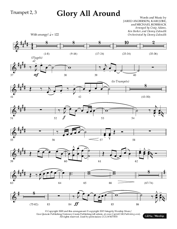 Glory All Around (Choral Anthem SATB) Trumpet 2/3 (Lifeway Choral / Arr. Danny Zaloudik / Arr. Ken Barker / Arr. Craig Adams)