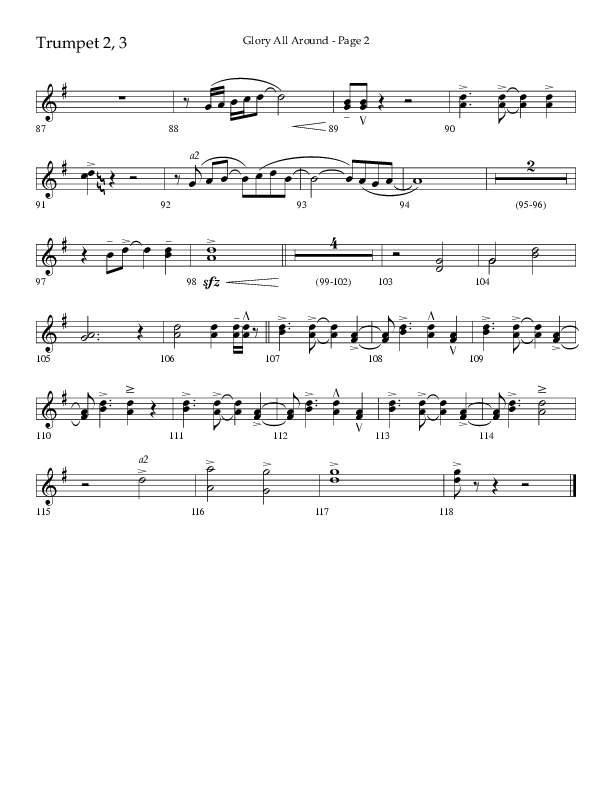 Glory All Around (Choral Anthem SATB) Trumpet 2/3 (Lifeway Choral / Arr. Danny Zaloudik / Arr. Ken Barker / Arr. Craig Adams)