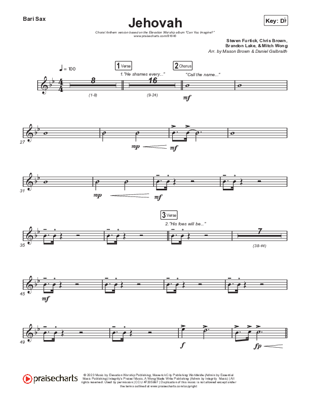 Jehovah (Choral Anthem SATB) Bari Sax (Elevation Worship / Chris Brown / Arr. Mason Brown)