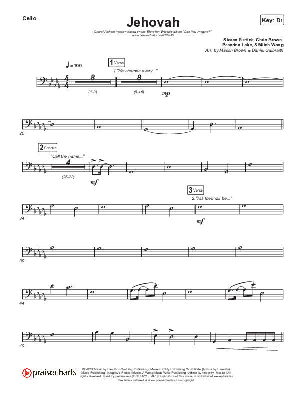 Jehovah (Choral Anthem SATB) Cello (Elevation Worship / Chris Brown / Arr. Mason Brown)