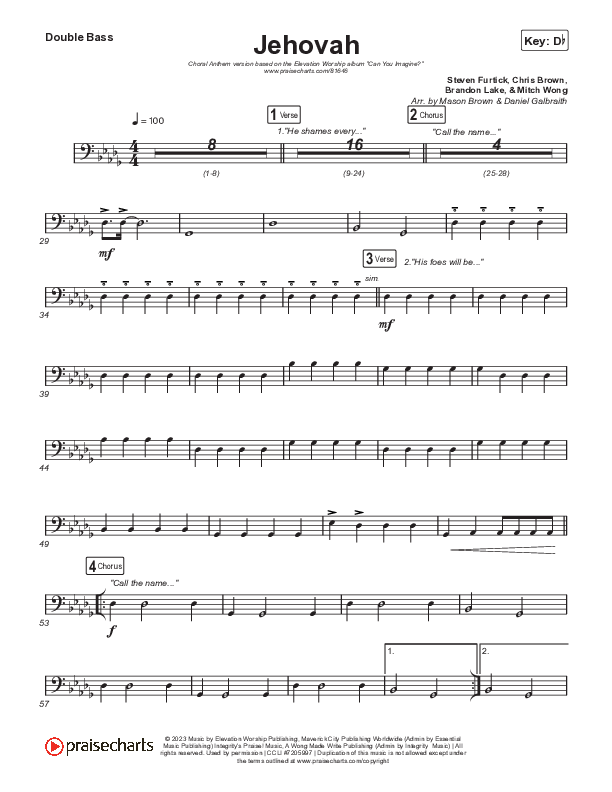 Jehovah (Choral Anthem SATB) String Bass (Elevation Worship / Chris Brown / Arr. Mason Brown)