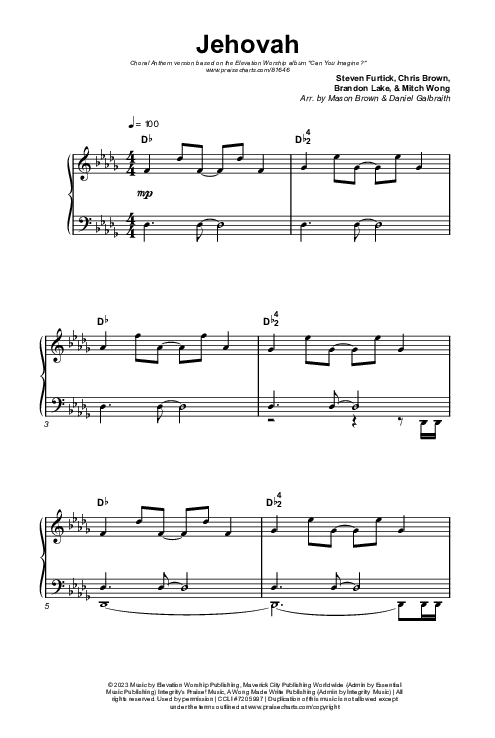 Jehovah (Choral Anthem SATB) Octavo (SATB & Pno) (Elevation Worship / Chris Brown / Arr. Mason Brown)