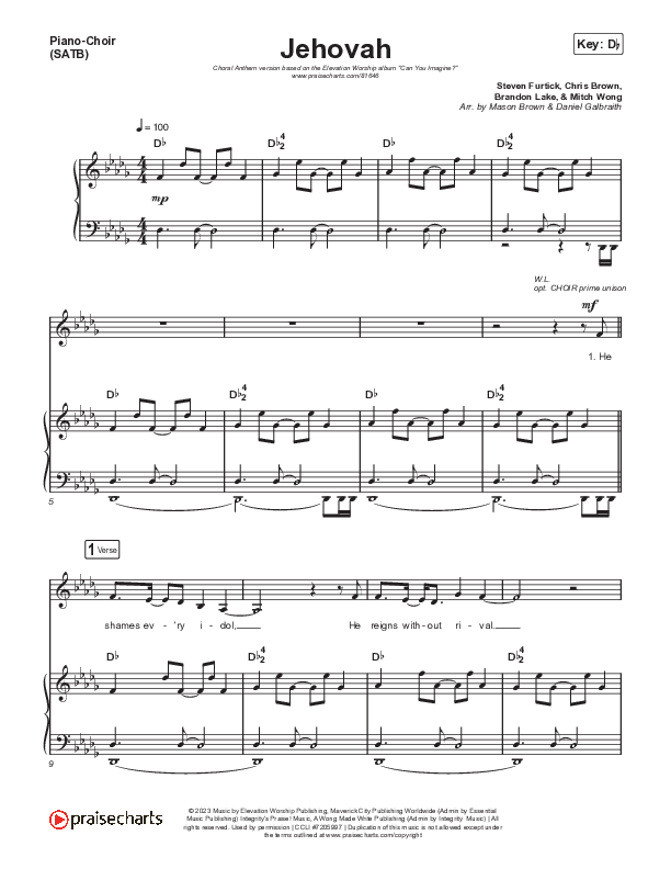 Jehovah (Choral Anthem SATB) Piano/Vocal (SATB) (Elevation Worship / Chris Brown / Arr. Mason Brown)