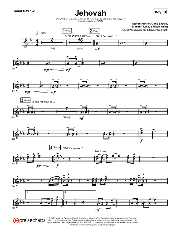 Jehovah (Choral Anthem SATB) Tenor Sax 1,2 (Elevation Worship / Chris Brown / Arr. Mason Brown)