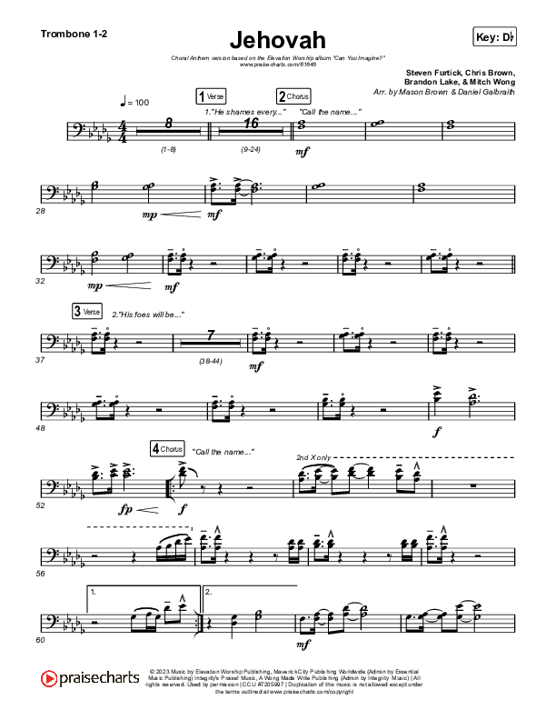 Jehovah (Choral Anthem SATB) Trombone 1,2 (Elevation Worship / Chris Brown / Arr. Mason Brown)