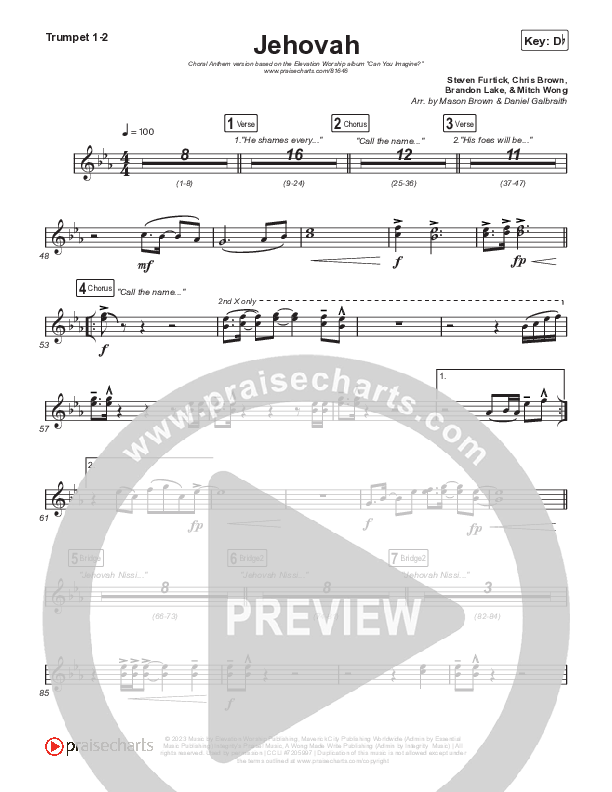 Jehovah (Choral Anthem SATB) Trumpet 1,2 (Elevation Worship / Chris Brown / Arr. Mason Brown)
